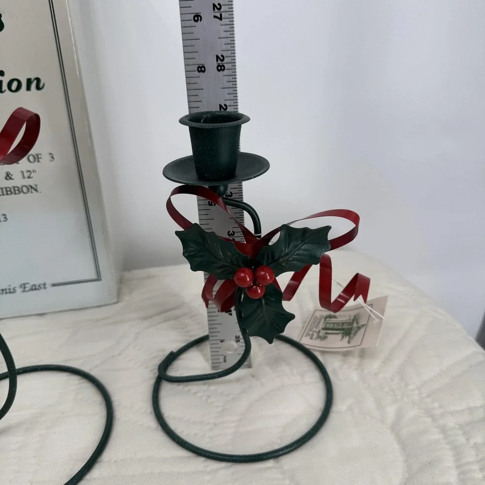 Vintage Dennis East Trellis Holly Ribbon Candlestick Set‎ Of 3 Christmas Decor